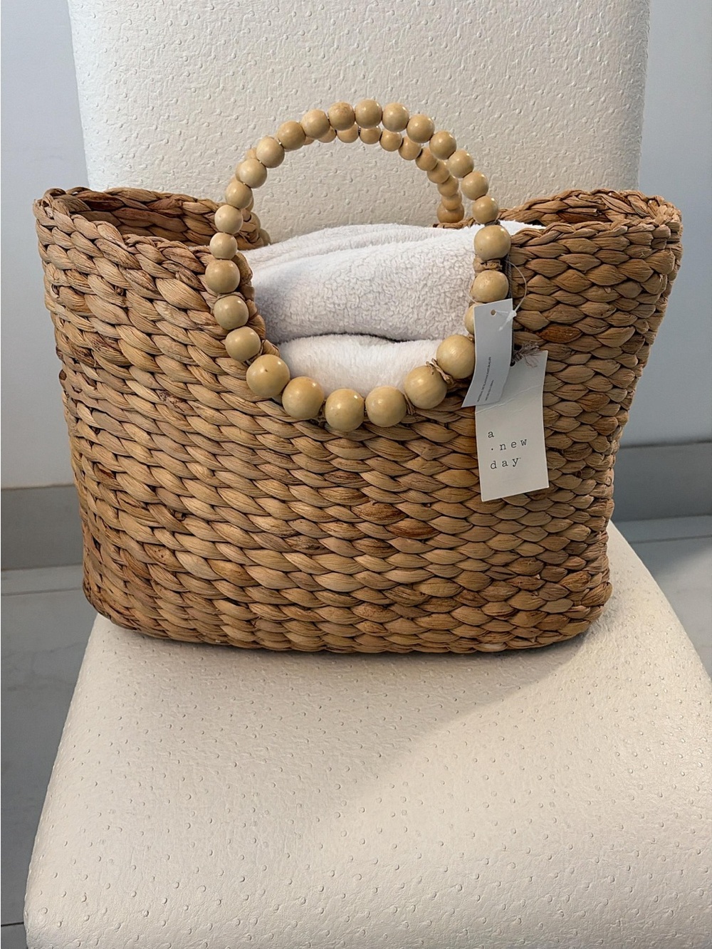 a new day Woven Straw Tote with Wooden Bead Handles - Natural Tan